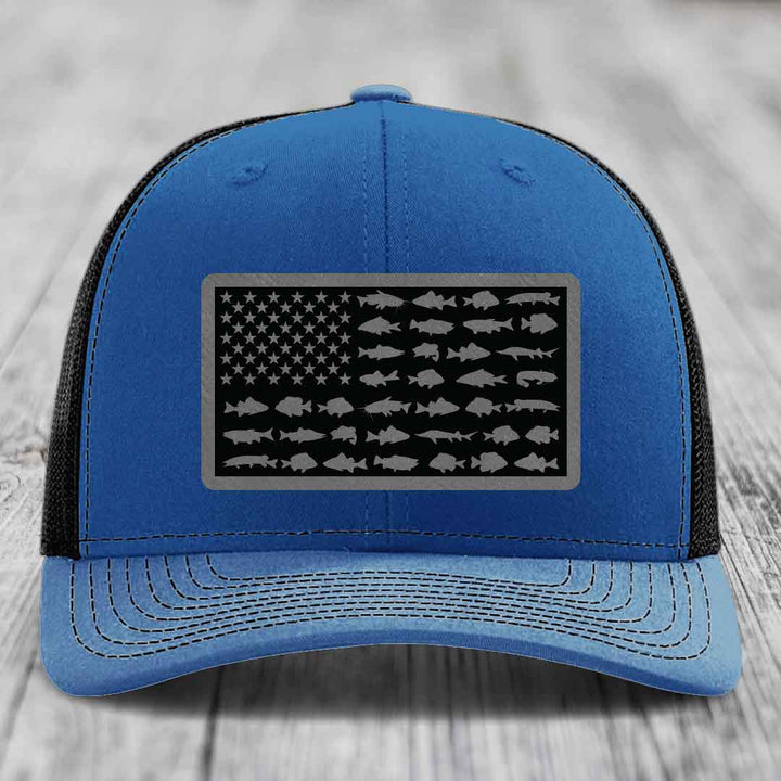 American Flag Freshwater Fish - Leather Patch Hat - Grey to Black Patch - Richardson 112 Snapback Trucker Hat