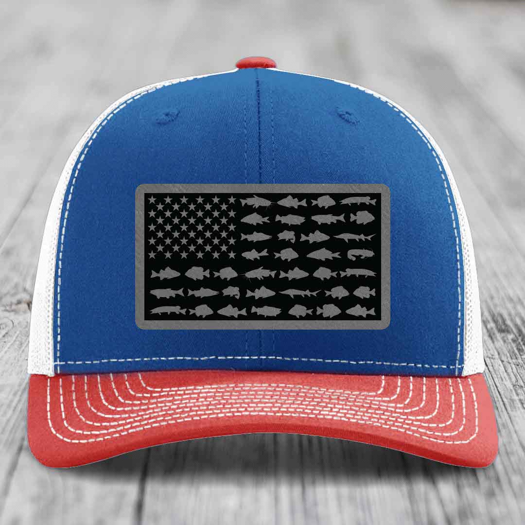 American Flag Freshwater Fish - Leather Patch Hat - Grey to Black Patch - Richardson 112 Snapback Trucker Hat