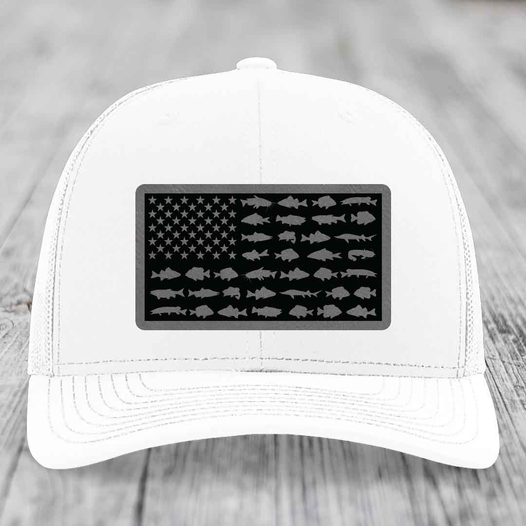 American Flag Freshwater Fish - Leather Patch Hat - Grey to Black Patch - Richardson 112 Snapback Trucker Hat