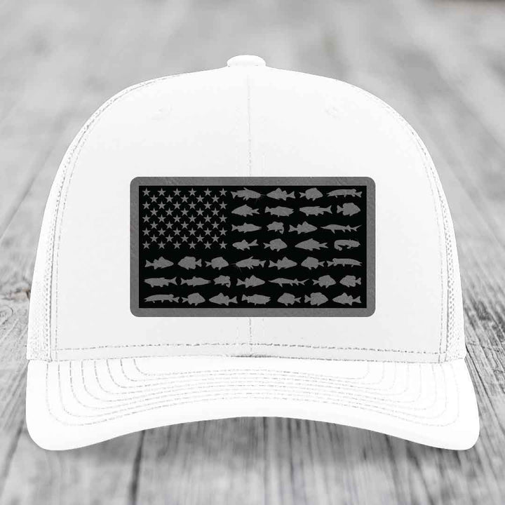 American Flag Freshwater Fish - Leather Patch Hat - Grey to Black Patch - Richardson 112 Snapback Trucker Hat