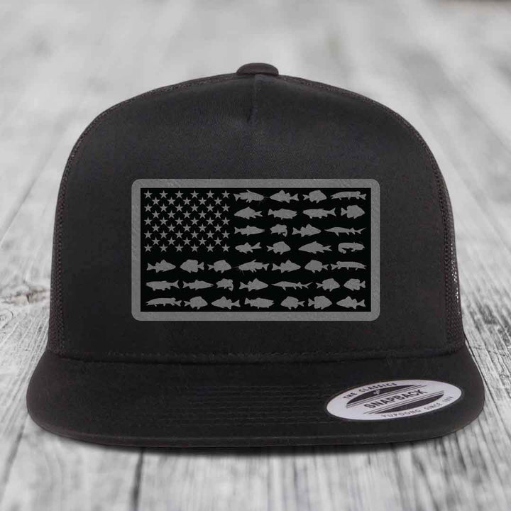 American Flag Freshwater Fish - Leather Patch Hat - Grey to Black Patch - Yupoong 6006 Snapback Flatbill Hat