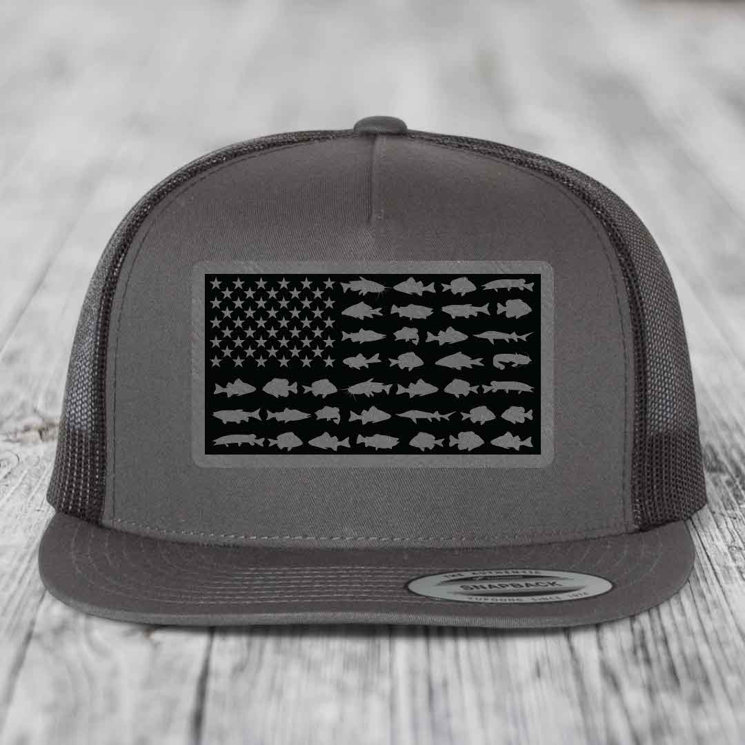 American Flag Freshwater Fish - Leather Patch Hat - Grey to Black Patch - Yupoong 6006 Snapback Flatbill Hat