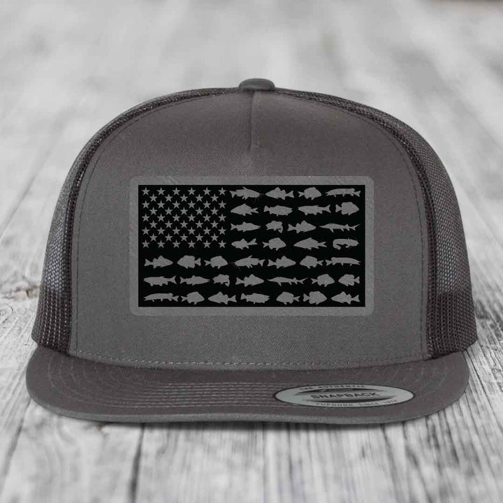 American Flag Freshwater Fish - Leather Patch Hat - Grey to Black Patch - Yupoong 6006 Snapback Flatbill Hat