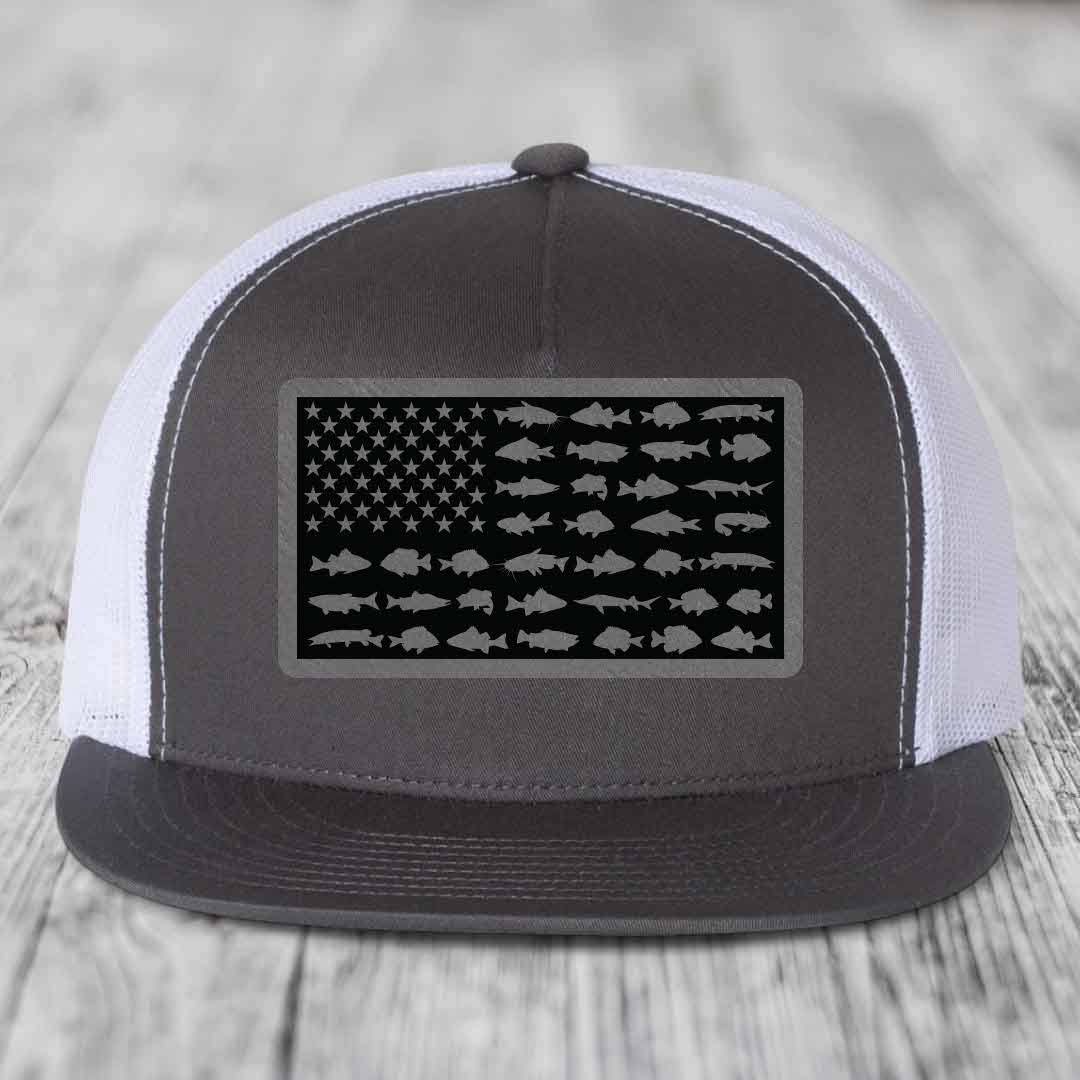 American Flag Freshwater Fish - Leather Patch Hat - Grey to Black Patch - Yupoong 6006 Snapback Flatbill Hat