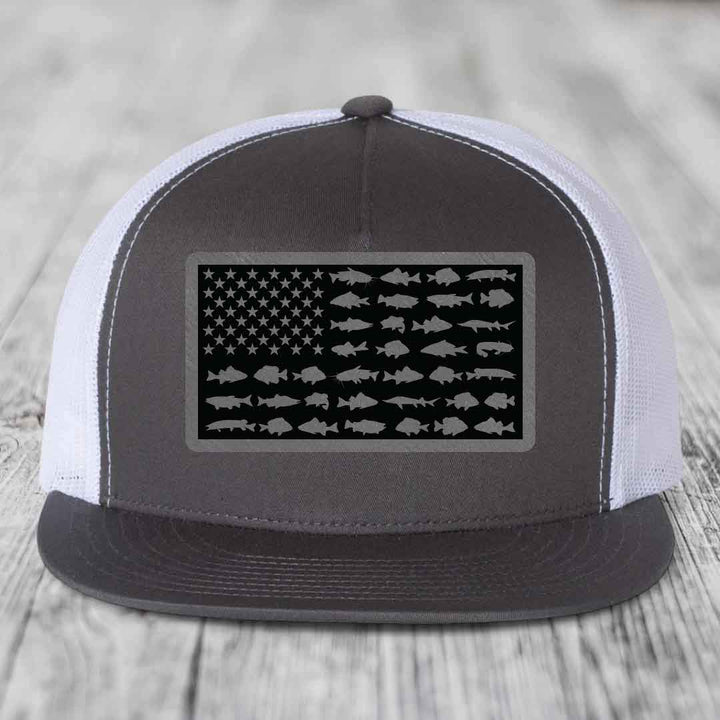 American Flag Freshwater Fish - Leather Patch Hat - Grey to Black Patch - Yupoong 6006 Snapback Flatbill Hat