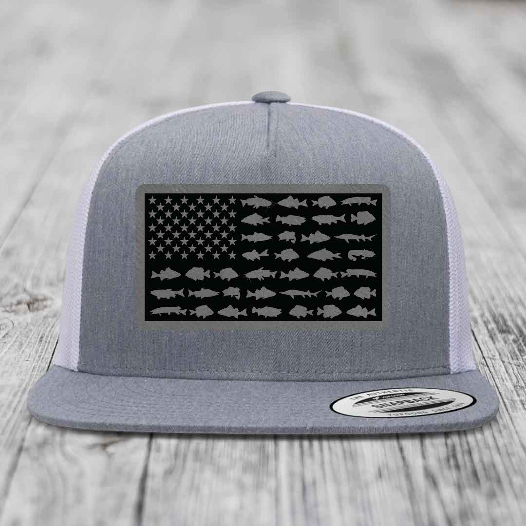 American Flag Freshwater Fish - Leather Patch Hat - Grey to Black Patch - Yupoong 6006 Snapback Flatbill Hat