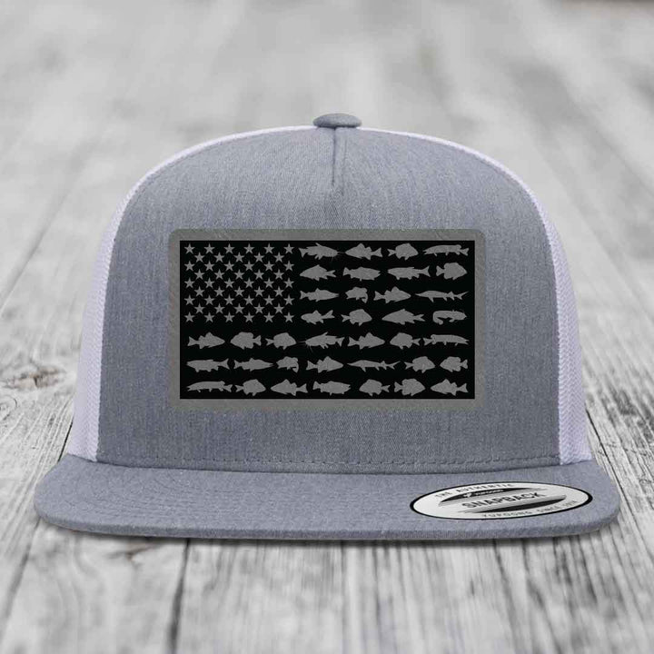 American Flag Freshwater Fish - Leather Patch Hat - Grey to Black Patch - Yupoong 6006 Snapback Flatbill Hat