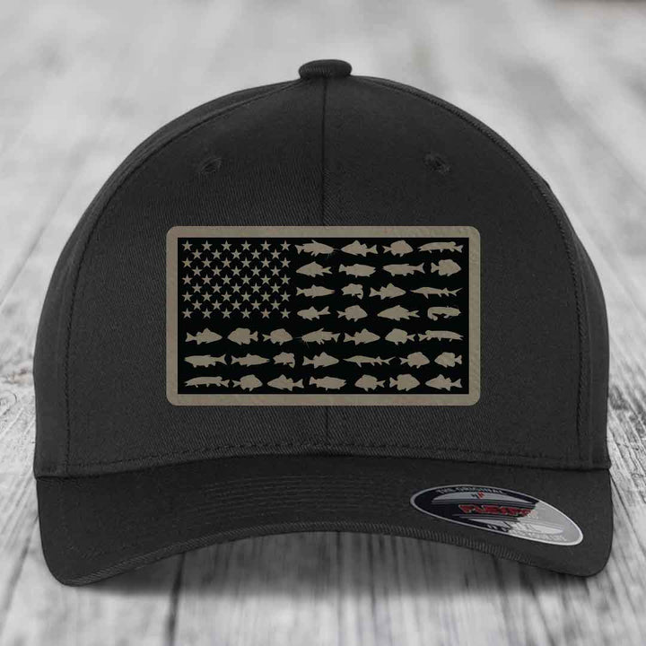 American Flag Freshwater Fish - Leather Patch Hat - Light Brown to Black Patch - Flexfit 6277 Fitted Hat