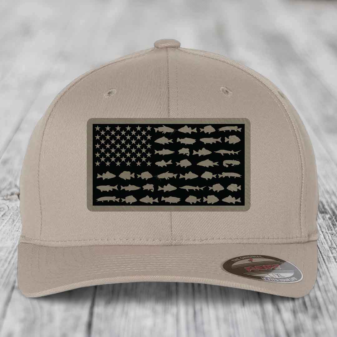 American Flag Freshwater Fish - Leather Patch Hat - Light Brown to Black Patch - Flexfit 6277 Fitted Hat