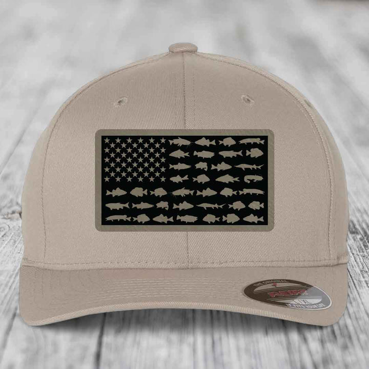 American Flag Freshwater Fish - Leather Patch Hat - Light Brown to Black Patch - Flexfit 6277 Fitted Hat