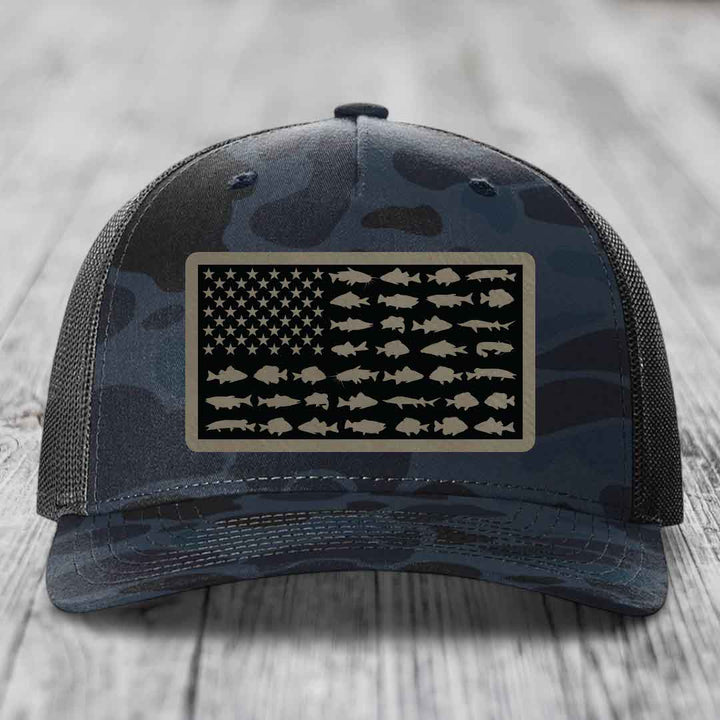 American Flag Freshwater Fish - Leather Patch Hat - Light Brown to Black Patch - Richardson 112PFP Snapback Trucker Hat