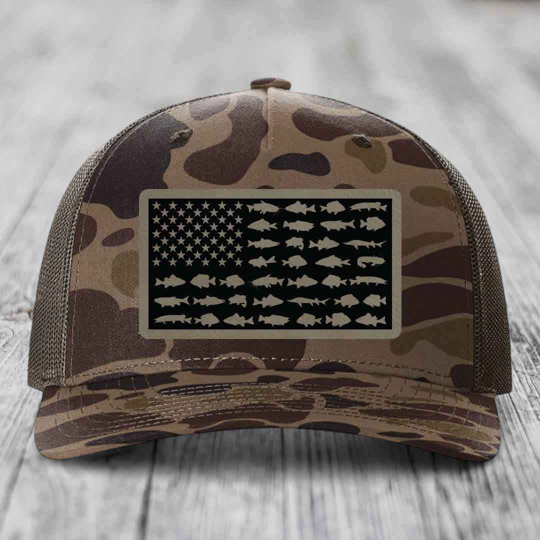 American Flag Freshwater Fish - Leather Patch Hat - Light Brown to Black Patch - Richardson 112PFP Snapback Trucker Hat