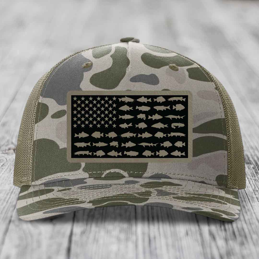 American Flag Freshwater Fish - Leather Patch Hat - Light Brown to Black Patch - Richardson 112PFP Snapback Trucker Hat