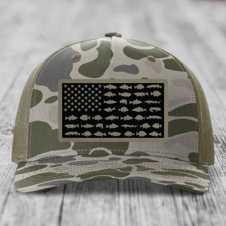 American Flag Freshwater Fish - Leather Patch Hat - Light Brown to Black Patch - Richardson 112PFP Snapback Trucker Hat