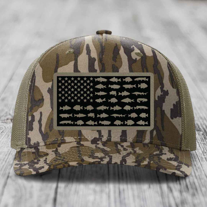 American Flag Freshwater Fish - Leather Patch Hat - Light Brown to Black Patch - Richardson 112PFP Snapback Trucker Hat