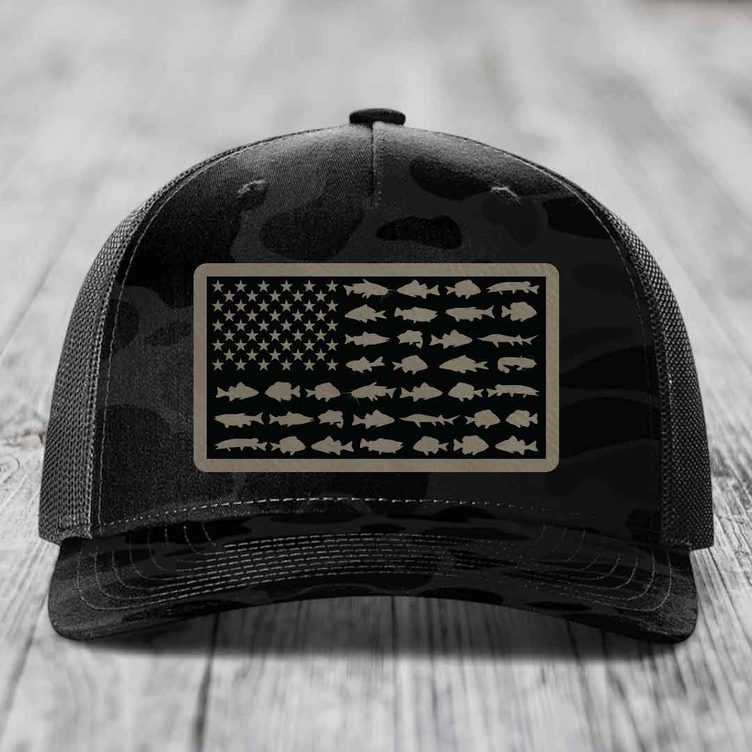 American Flag Freshwater Fish - Leather Patch Hat - Light Brown to Black Patch - Richardson 112PFP Snapback Trucker Hat