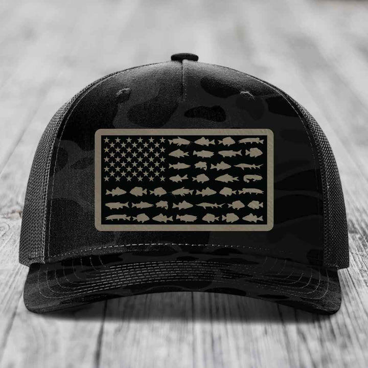 American Flag Freshwater Fish - Leather Patch Hat - Light Brown to Black Patch - Richardson 112PFP Snapback Trucker Hat