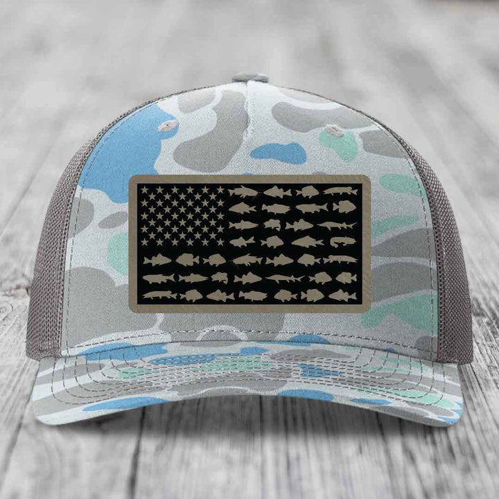American Flag Freshwater Fish - Leather Patch Hat - Light Brown to Black Patch - Richardson 112PFP Snapback Trucker Hat