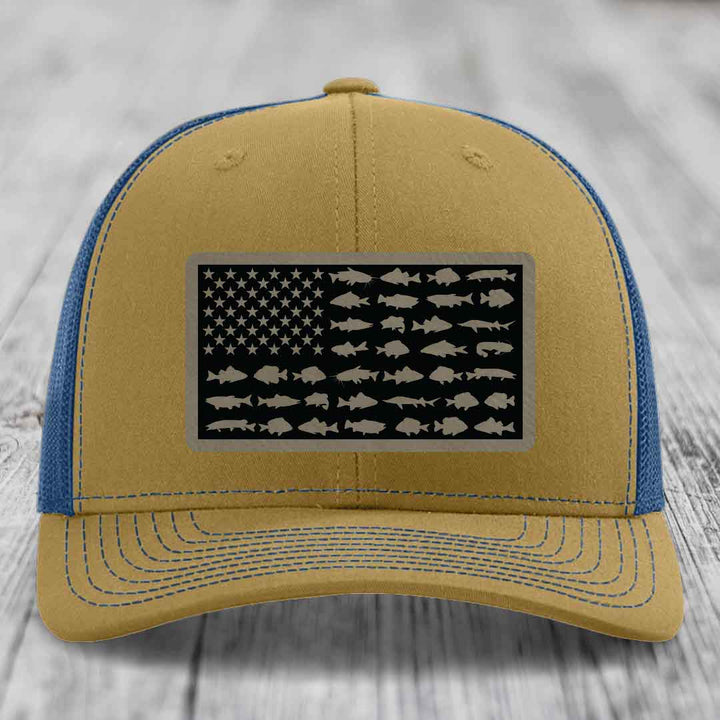 American Flag Freshwater Fish - Leather Patch Hat - Light Brown to Black Patch - Richardson 112 Snapback Trucker Hat