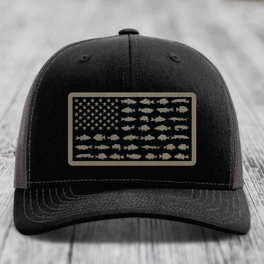 American Flag Freshwater Fish - Leather Patch Hat - Light Brown to Black Patch - Richardson 112 Snapback Trucker Hat