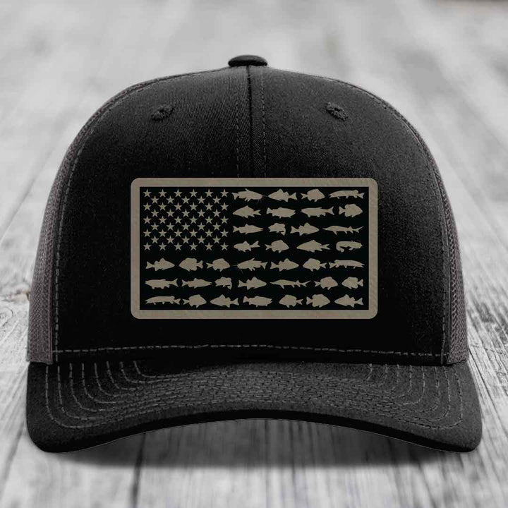 American Flag Freshwater Fish - Leather Patch Hat - Light Brown to Black Patch - Richardson 112 Snapback Trucker Hat