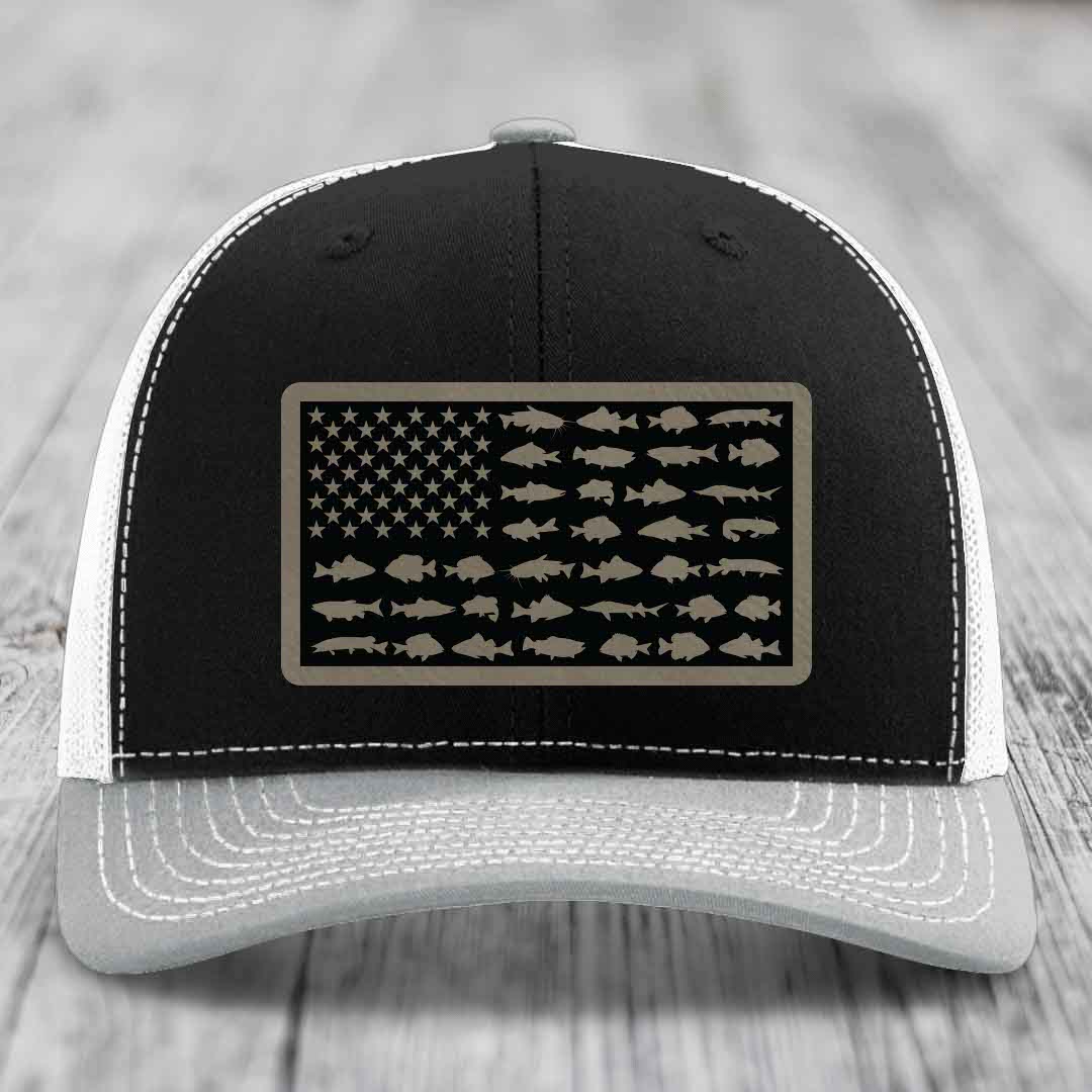 American Flag Freshwater Fish - Leather Patch Hat - Light Brown to Black Patch - Richardson 112 Snapback Trucker Hat