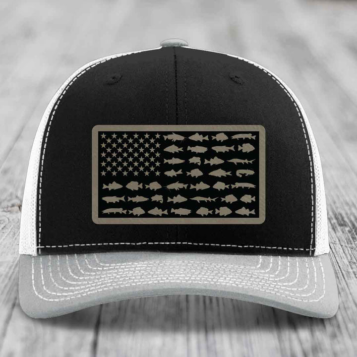 American Flag Freshwater Fish - Leather Patch Hat - Light Brown to Black Patch - Richardson 112 Snapback Trucker Hat