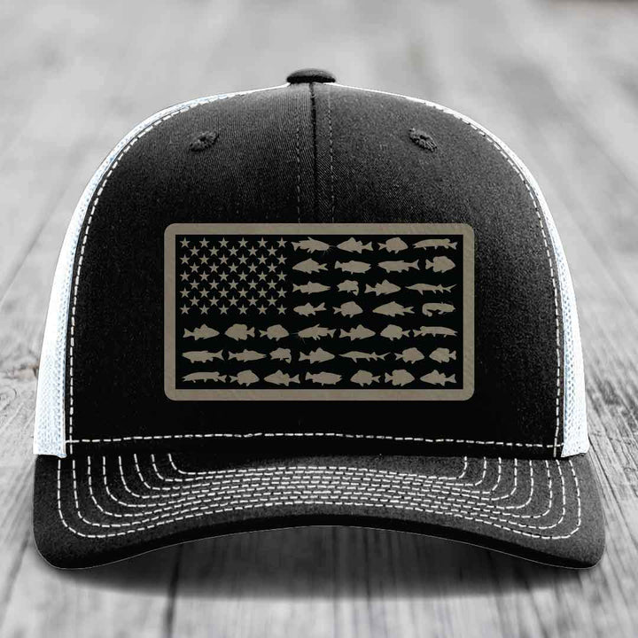 American Flag Freshwater Fish - Leather Patch Hat - Light Brown to Black Patch - Richardson 112 Snapback Trucker Hat