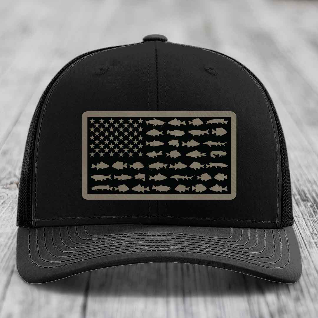American Flag Freshwater Fish - Leather Patch Hat - Light Brown to Black Patch - Richardson 112 Snapback Trucker Hat