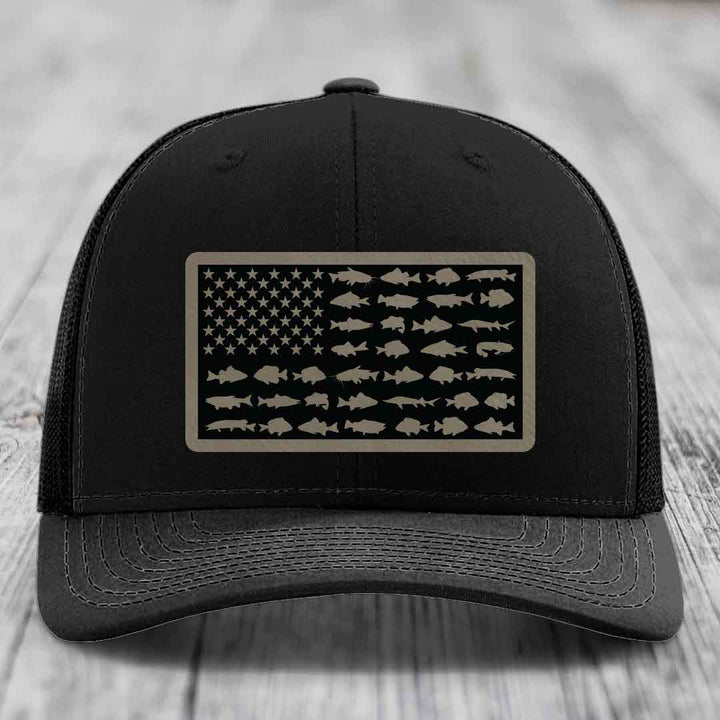 American Flag Freshwater Fish - Leather Patch Hat - Light Brown to Black Patch - Richardson 112 Snapback Trucker Hat