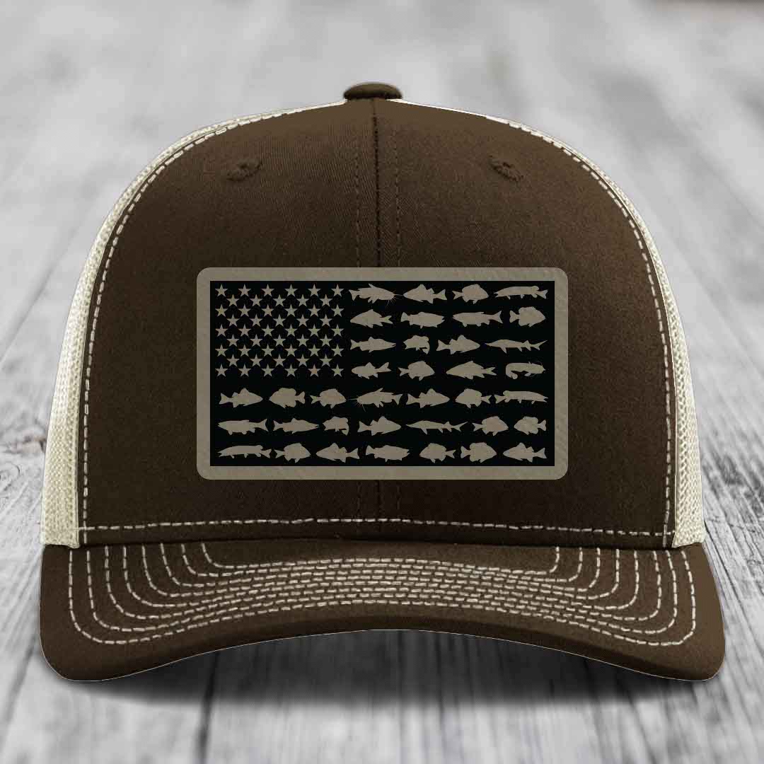 American Flag Freshwater Fish - Leather Patch Hat - Light Brown to Black Patch - Richardson 112 Snapback Trucker Hat