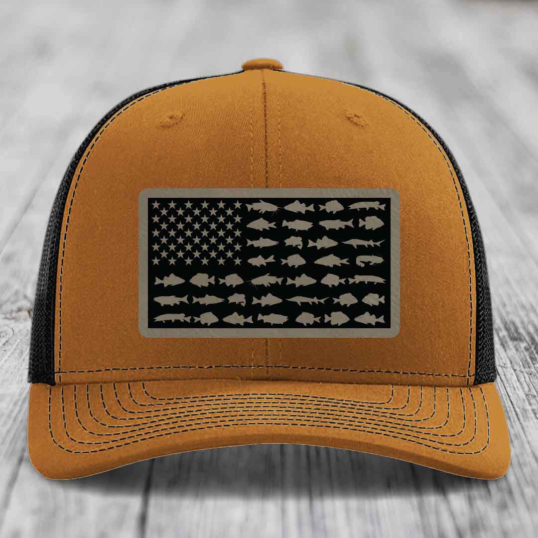 American Flag Freshwater Fish - Leather Patch Hat - Light Brown to Black Patch - Richardson 112 Snapback Trucker Hat