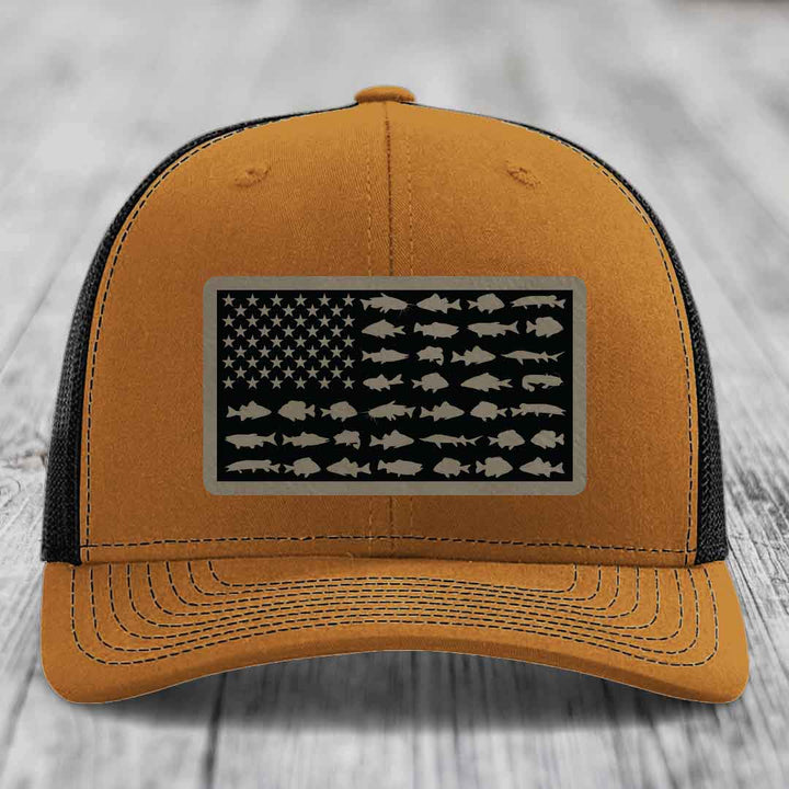 American Flag Freshwater Fish - Leather Patch Hat - Light Brown to Black Patch - Richardson 112 Snapback Trucker Hat