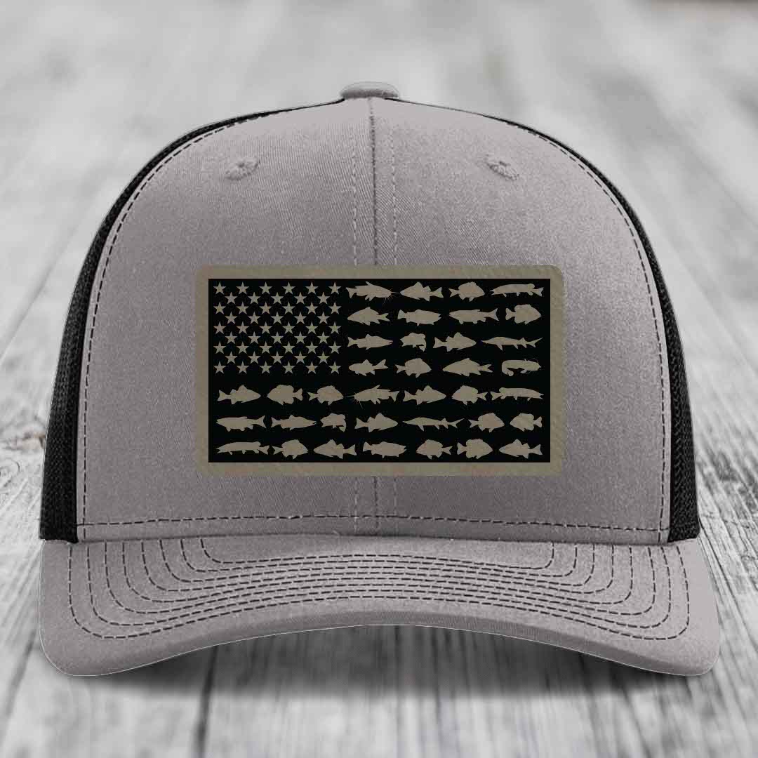 American Flag Freshwater Fish - Leather Patch Hat - Light Brown to Black Patch - Richardson 112 Snapback Trucker Hat