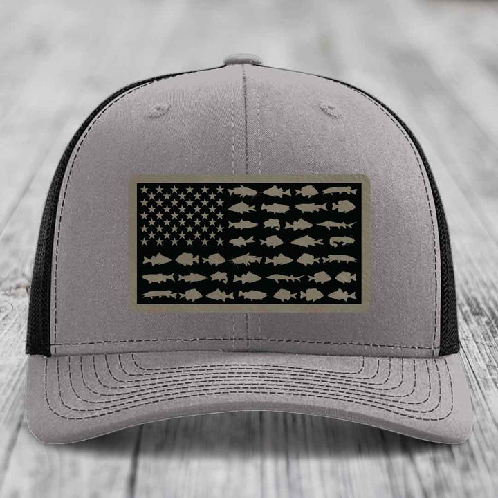 American Flag Freshwater Fish - Leather Patch Hat - Light Brown to Black Patch - Richardson 112 Snapback Trucker Hat