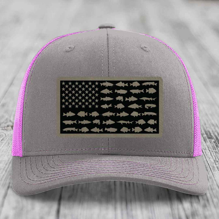 American Flag Freshwater Fish - Leather Patch Hat - Light Brown to Black Patch - Richardson 112 Snapback Trucker Hat