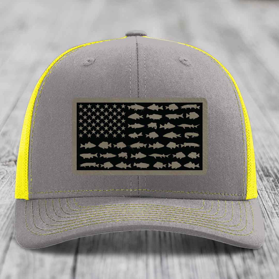 American Flag Freshwater Fish - Leather Patch Hat - Light Brown to Black Patch - Richardson 112 Snapback Trucker Hat