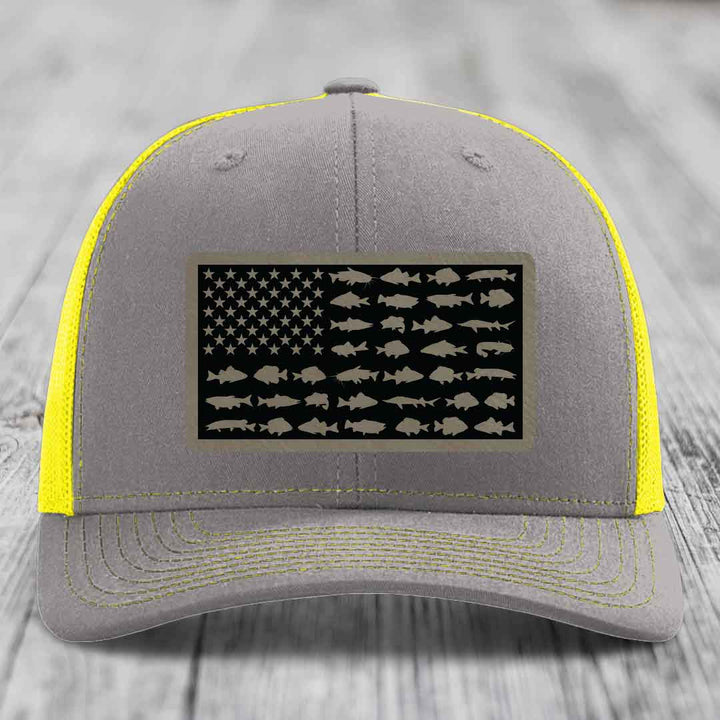 American Flag Freshwater Fish - Leather Patch Hat - Light Brown to Black Patch - Richardson 112 Snapback Trucker Hat