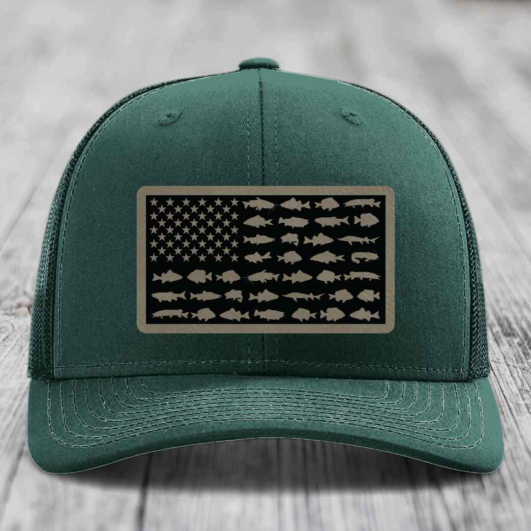 American Flag Freshwater Fish - Leather Patch Hat - Light Brown to Black Patch - Richardson 112 Snapback Trucker Hat