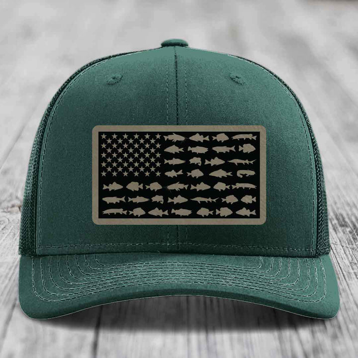 American Flag Freshwater Fish - Leather Patch Hat - Light Brown to Black Patch - Richardson 112 Snapback Trucker Hat