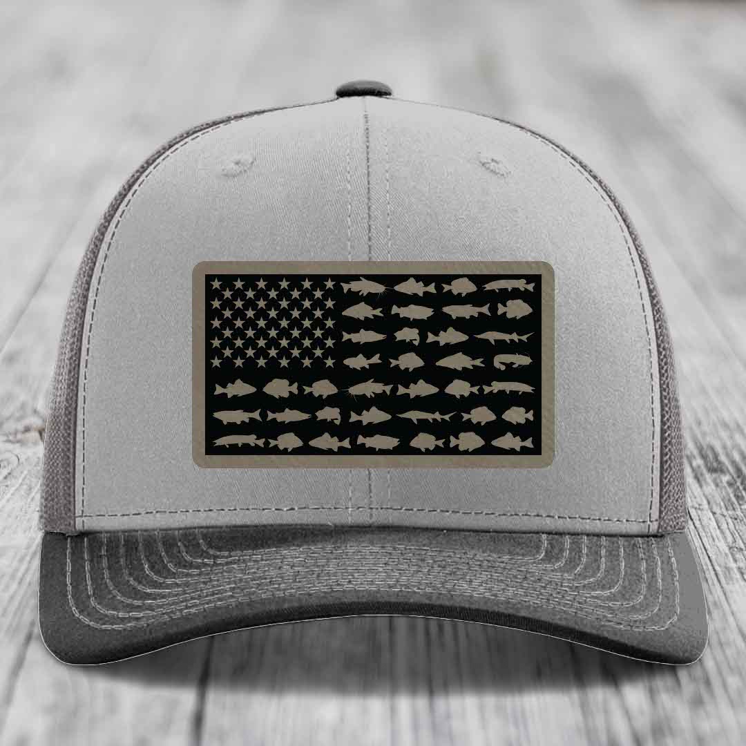 American Flag Freshwater Fish - Leather Patch Hat - Light Brown to Black Patch - Richardson 112 Snapback Trucker Hat