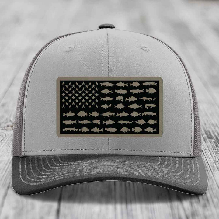 American Flag Freshwater Fish - Leather Patch Hat - Light Brown to Black Patch - Richardson 112 Snapback Trucker Hat