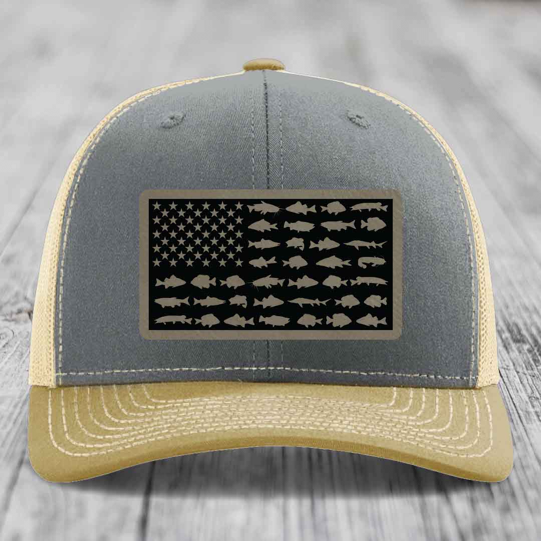 American Flag Freshwater Fish - Leather Patch Hat - Light Brown to Black Patch - Richardson 112 Snapback Trucker Hat