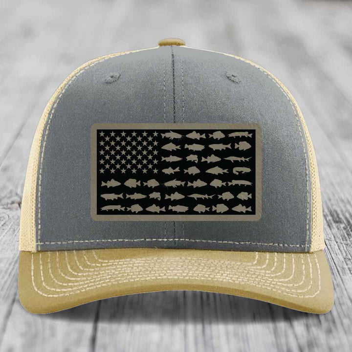 American Flag Freshwater Fish - Leather Patch Hat - Light Brown to Black Patch - Richardson 112 Snapback Trucker Hat