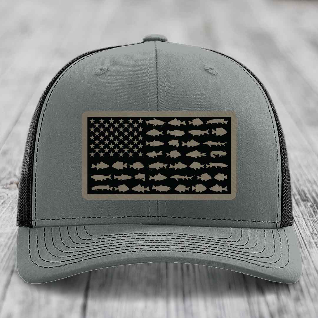 American Flag Freshwater Fish - Leather Patch Hat - Light Brown to Black Patch - Richardson 112 Snapback Trucker Hat