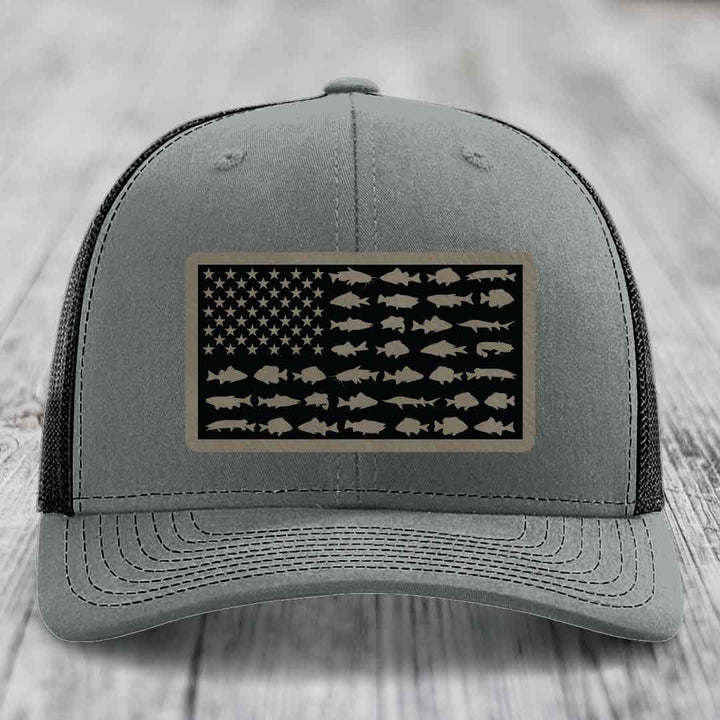 American Flag Freshwater Fish - Leather Patch Hat - Light Brown to Black Patch - Richardson 112 Snapback Trucker Hat