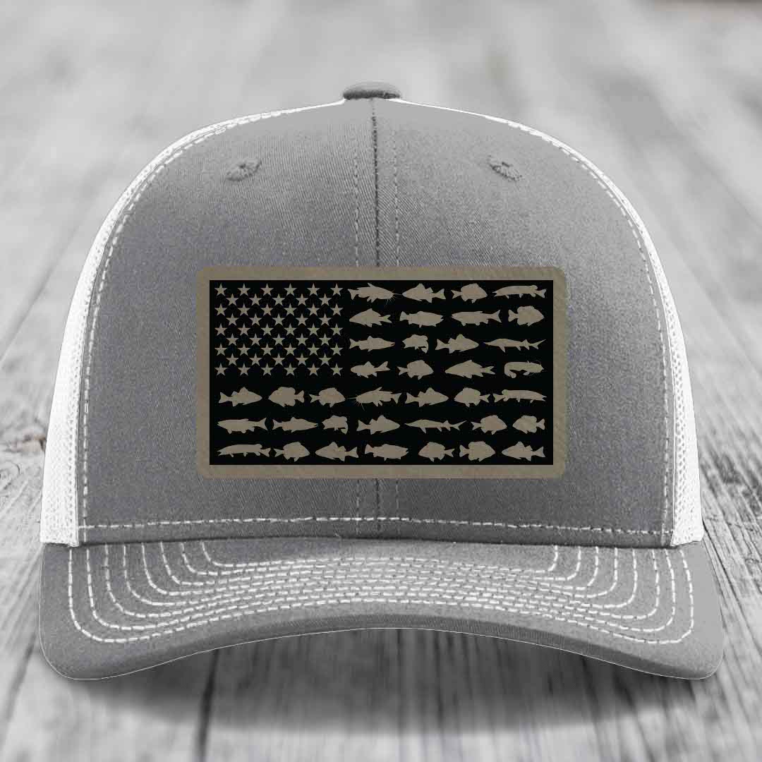 American Flag Freshwater Fish - Leather Patch Hat - Light Brown to Black Patch - Richardson 112 Snapback Trucker Hat