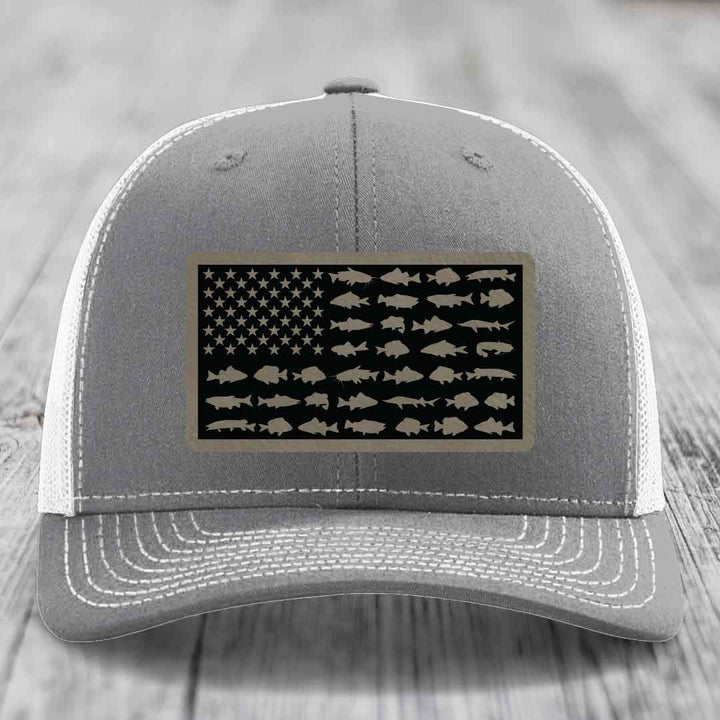 American Flag Freshwater Fish - Leather Patch Hat - Light Brown to Black Patch - Richardson 112 Snapback Trucker Hat