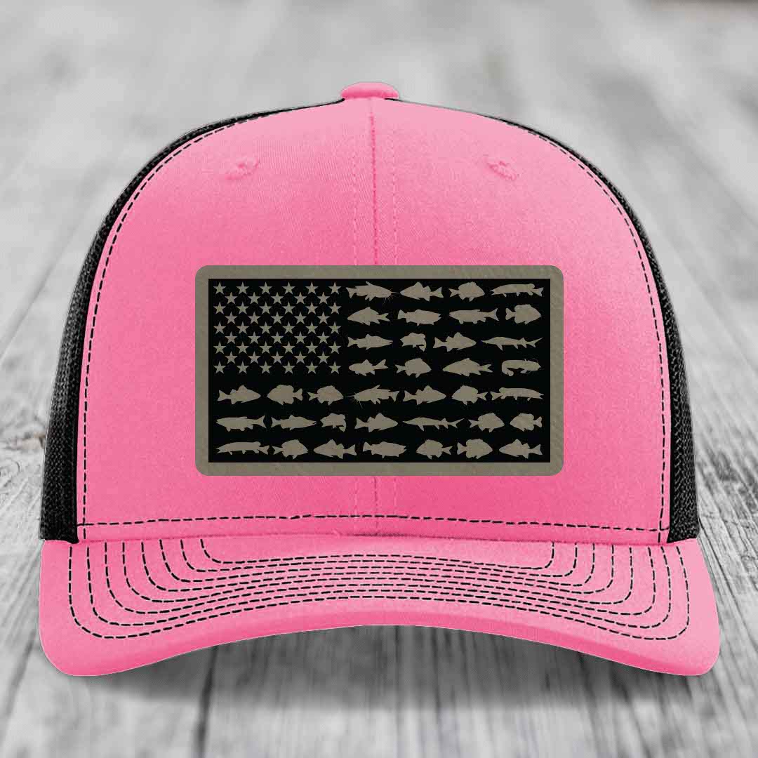American Flag Freshwater Fish - Leather Patch Hat - Light Brown to Black Patch - Richardson 112 Snapback Trucker Hat