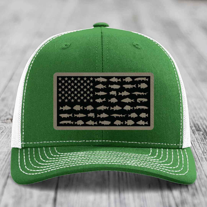 American Flag Freshwater Fish - Leather Patch Hat - Light Brown to Black Patch - Richardson 112 Snapback Trucker Hat